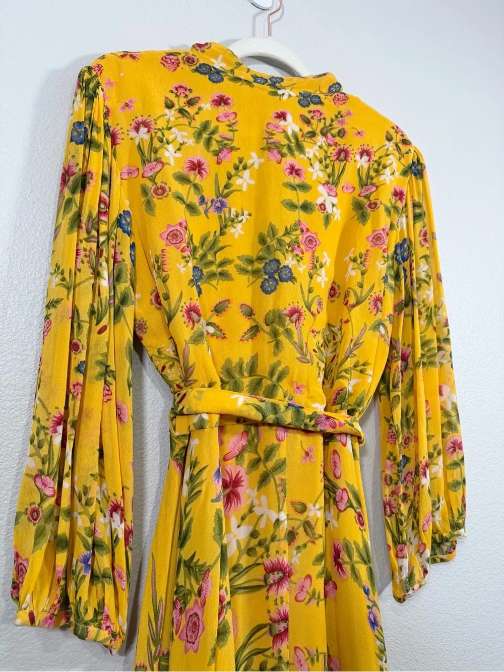 Rene Derhy Dress Yellow Pink Floral Maxi Button Down Flowy Tie Belt Women L - Picture 8 of 8